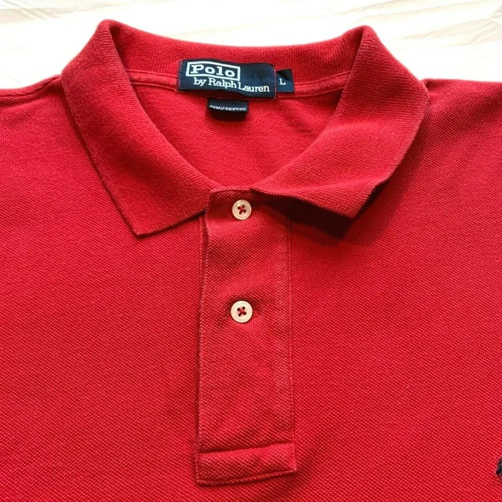 Polo‎ Ralph Lauren Polo Shirt Long Sleeve Cotton Red Thick Black Pony L EUC